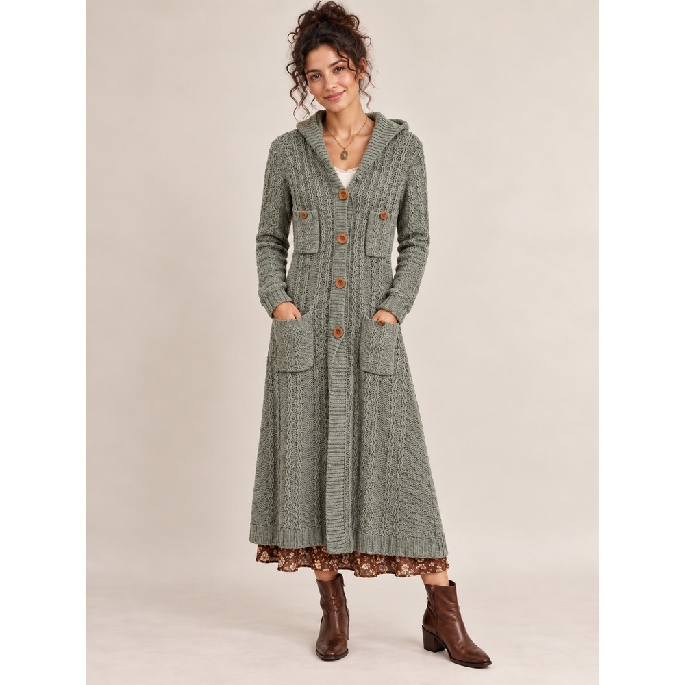Boho Y2K 90s Fisherman Vintage Hood SageGreen CableKnit Cardigan Long M Sweater